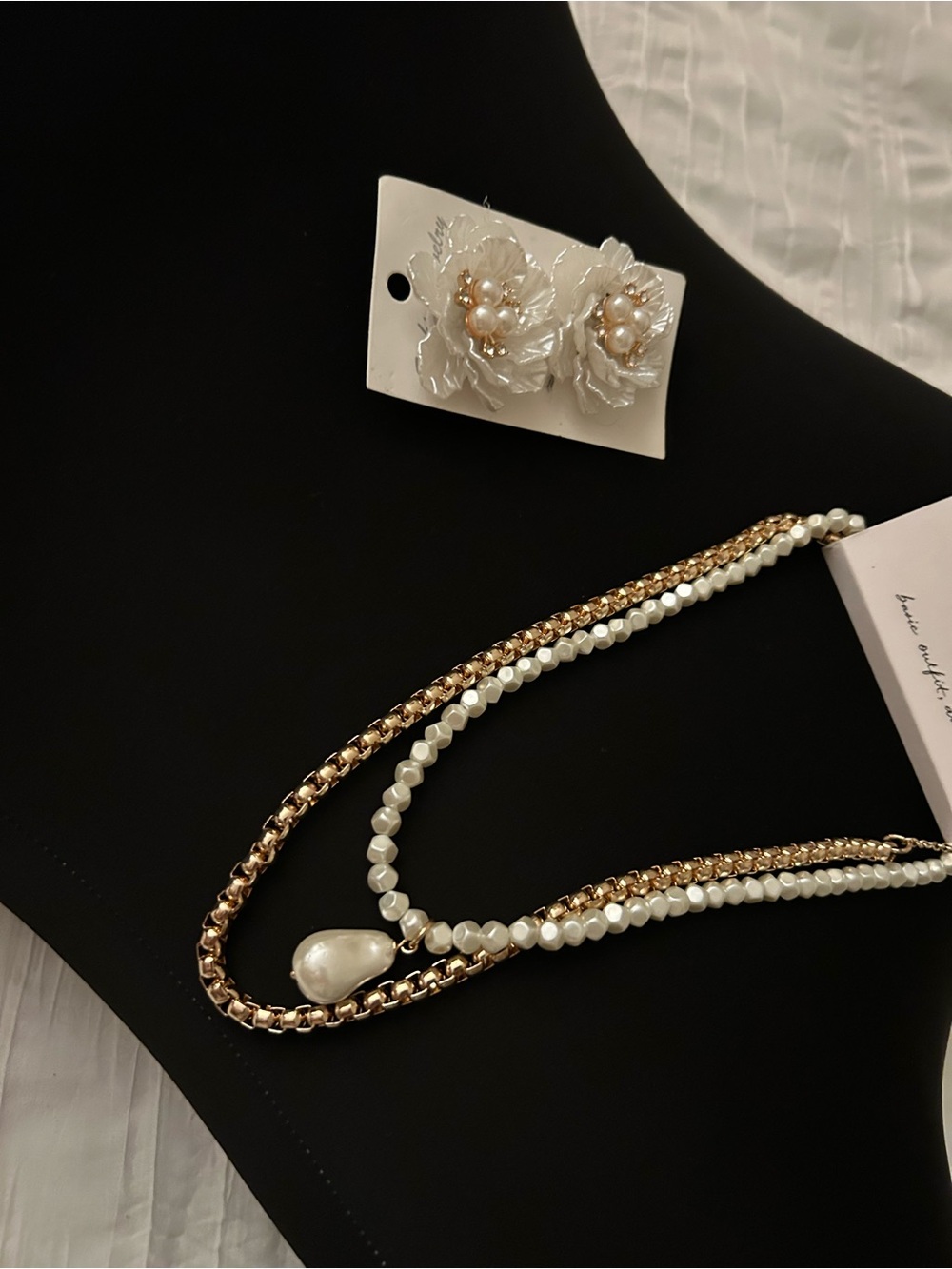 Loft Fashion Gold and White Layered Pearl Necklace with Floral Pearl Studs